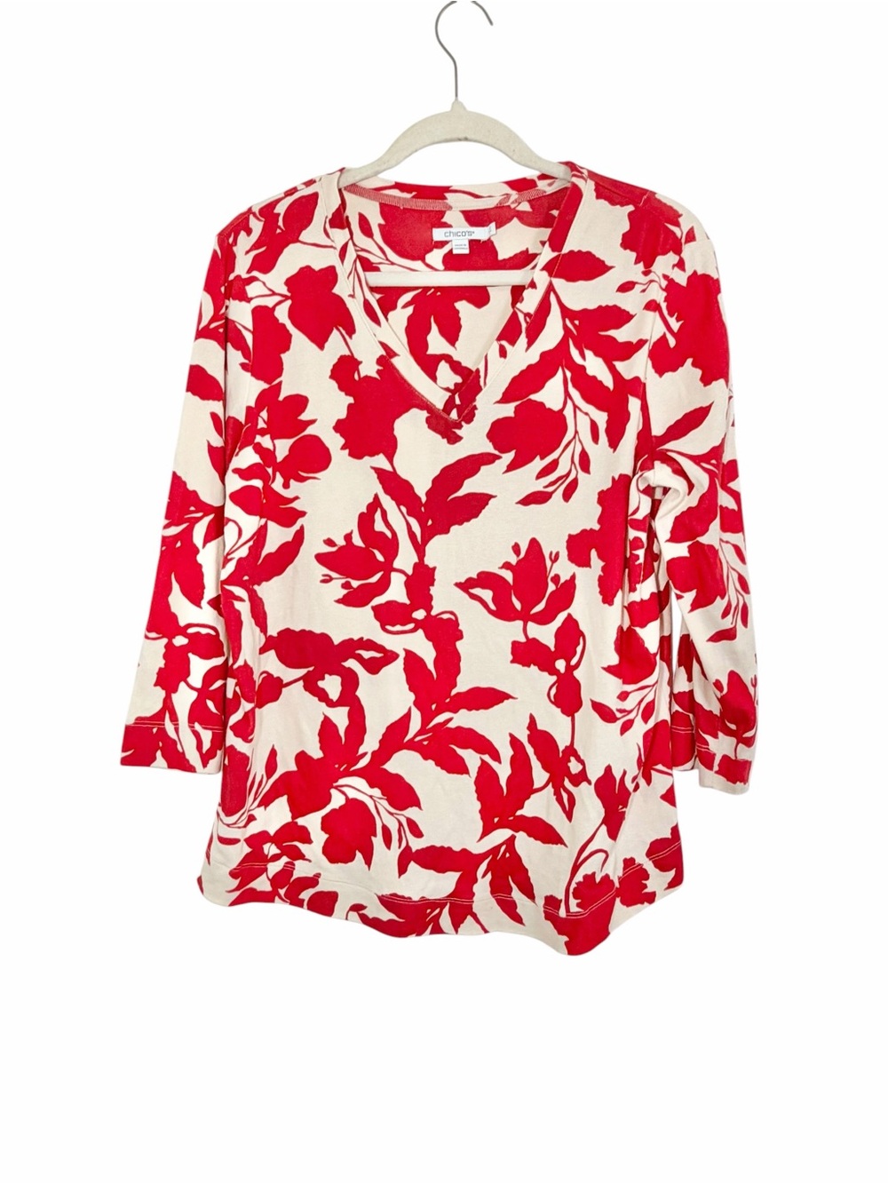 Chico's Red and White Floral V-Neck Top Pima Cotton Size Large 2